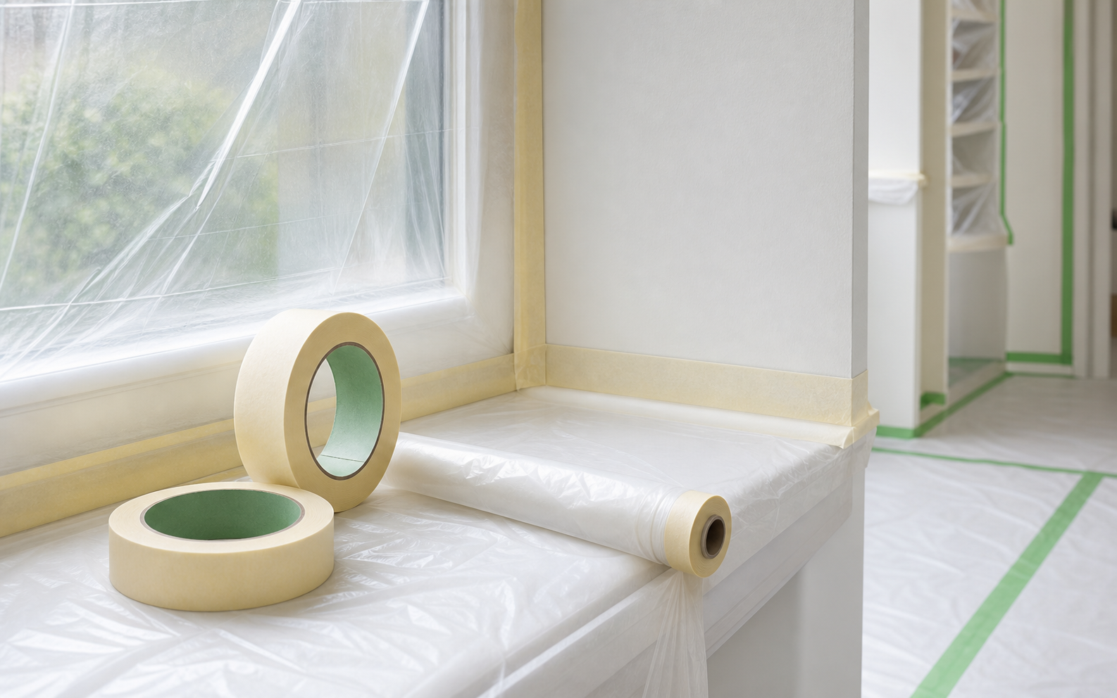 Masking tape and masking film used for window, wall, and floor protection