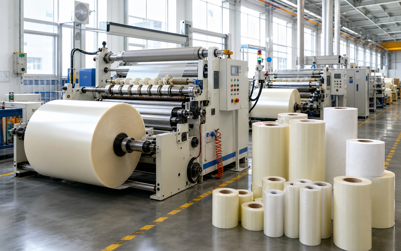 Adhesive tape production line with jumbo rolls and slitting machinery